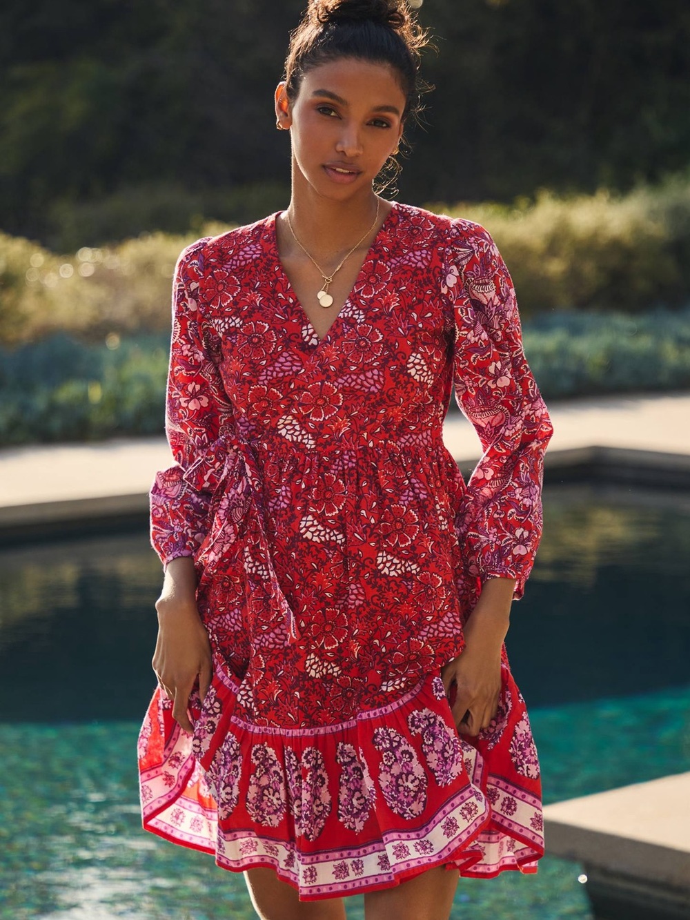 Ro’s Garden Drew Long-Sleeve Mini Dress in Red Size L